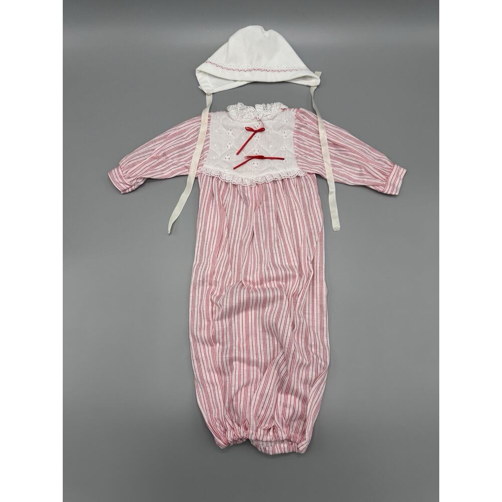 Vintage Style By The Shepherd Baby Gown W/ Bonnet Red Stripes Size Small